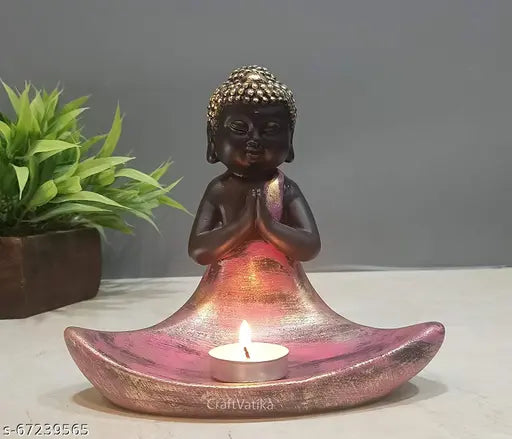 Tealight candle holder, resin monk Buddha statue showpiece for indoor/outdoor home decor, intricate details, durable polyresin finish