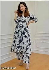 black flower rayon kurta set with printed net bottomwear, three-quarter sleeves, multiple sizes available