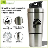 Silver stainless steel MANOGYAM protein shaker bottle, BPA-free, double scales, leak proof, portable