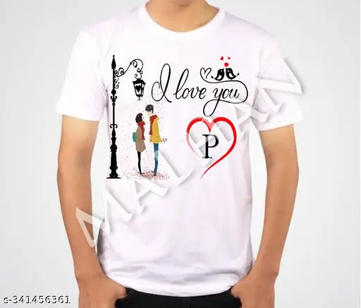 White polyester short-sleeve 'I LOVE YOU P' printed t-shirt, single unit in sizes S, M, L, XL. Made in India