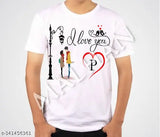 White polyester short-sleeve 'I LOVE YOU P' printed t-shirt, single unit in sizes S, M, L, XL. Made in India