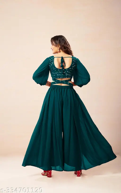 Embroidered Georgette women's crop top & palazzo set in three-quarter sleeves, India origin, stylish Indian wear for women