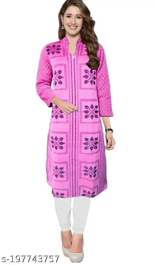 Woolen printed kurta for daily use - Three-quarter sleeve, wool fabric, winter-friendly Indian fashion
