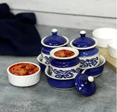 Ceramic pickle jars set of 3 (Blue), traditional Indian Barni for chutney, multifunctional and eco-friendly