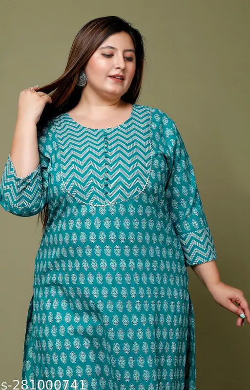 Blue plus-size cotton kurta with floral print, three-quarter sleeves, ideal for women's fashion