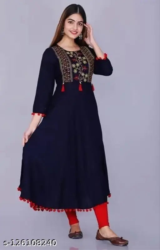 Blue Rayon embroidered three-quarter sleeve kurti, Indian traditional fashion for women's wardrobe. S (36in bust, 44in size length), M (38in bust, 44in size length), L (40in bust, 44in size length), XL (42in bust, 44in size length), XXL (44in bust, 44in size length), XXXL (46in bust, 44in size length)