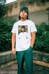 Pretty modern men polyester t-shirts, printed pattern on short sleeves, size S (36in x 27in), made in India