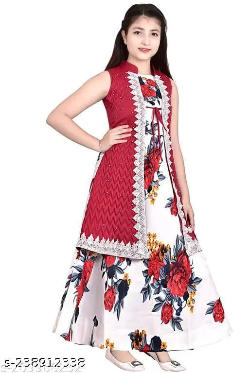 Green cotton blend ethnic gown for girls, floral print, sleeveless, single size (3-4Y, 22in/30in), 4-5Y, 24in/32in, 5-6Y, 26in/34in - Indian import, perfect for special occasions