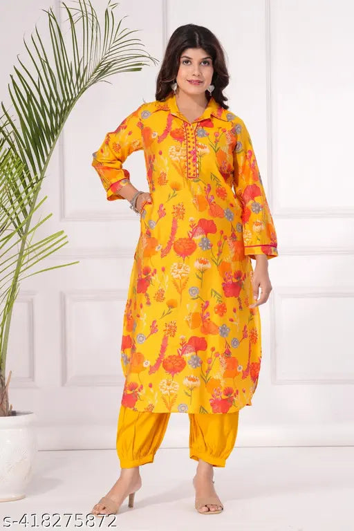 Floral printed kora muslin Pathani kurta with salwar, three-quarter sleeves, couple's set, floral net pattern on display