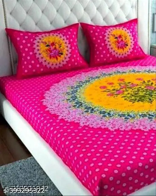 Jaipuri cotton king size double bed sheet with 2 ethnic motif pillow covers, ideal for summer - Indian-made