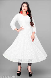 Net self-design Jivika Pretty Kurtis with three-quarter sleeves, Indian fashion on model
