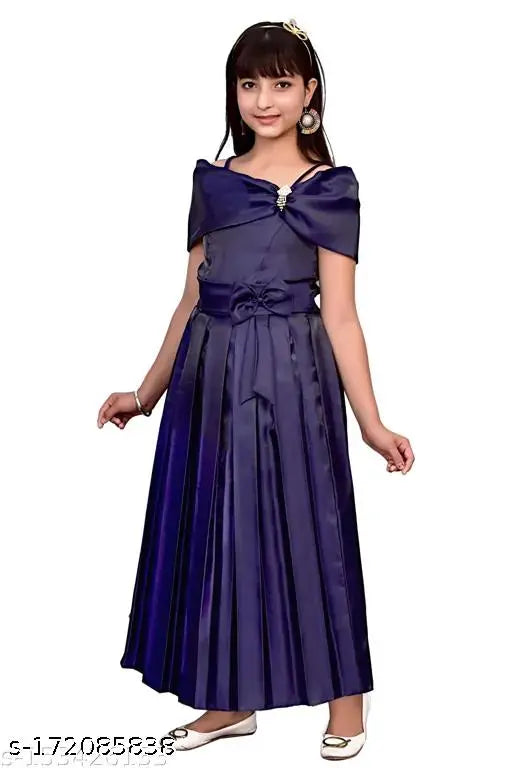 Blue solid pleated Western Cinderella gown for girls, silky blend fabric, 3-12 years sizes available
