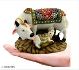 Marble dust polyresin Kamdhenu statue: Decorative cow & calf figurine, 10cmx12cmx11cm, handcrafted by Jiyansh Creation