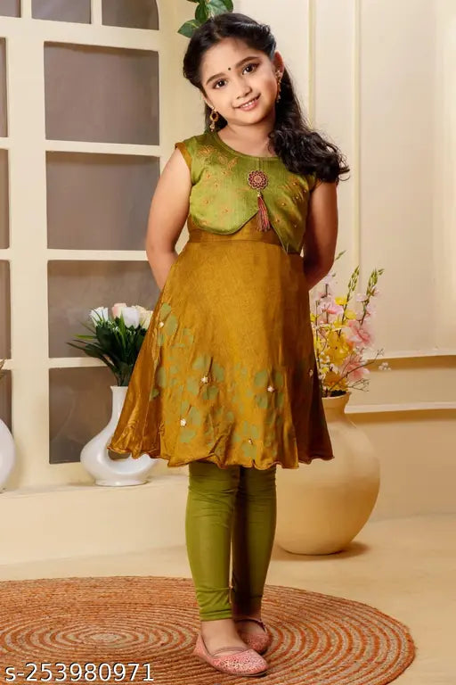 Cotton Burbn Kurti & Churidar Leggings - Stylish A-line top with sleeveless design, perfect for smart casual occasions. Comes in three colors: yellow, blue, green. Quality Indian-made cotton set