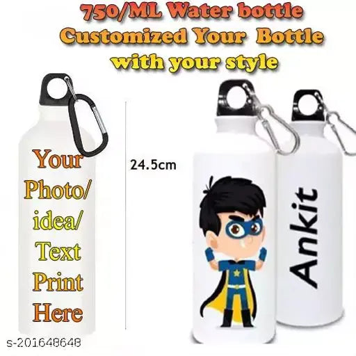 Personalized/Customised printed water bottle, 750ml sports bottle. Can print any photo or text for birthday, anniversary, and other occasions gifts. Aluminium, leak-proof design, BIS/ISI certified. White color, 7cm breadth, 23.5cm height, 7cm length, 100g weight. Made in India