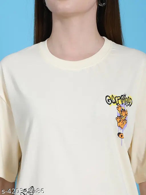 Women's cotton printed oversize t-shirt, short sleeves, vibrant design, size M - Made in India