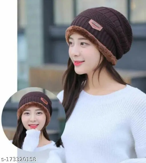 Brown woolen beanie/skull cap & neck warmer combo with faux fur inner side, warm hat & scarf set for winters. Air-proof, woolen, and ear warmer. Made in India