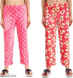 Multicolor viscose women's woolen fleece calf-length pyjamas in pack of 2 for winter, trendy design from India
