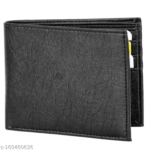 Black leather men's wallet with 8 card slots, solid design, free size (12cm x 10cm), branded accessory from India