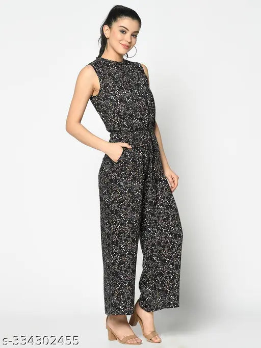 Black printed trending bestseller jumpsuit for women, soft & breathable blend, wide-leg silhouette, all-over print, round-neck, self-tie belt