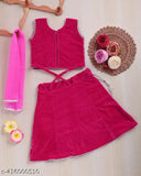 Velvet kid's lehenga-choli set (9-24 months), abstract stitch pattern, long sleeves, unstitched net dupatta, Indian origin