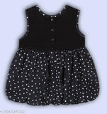 Black polka dotted cotton blend balloon dress with charming bow detail, size 6-5 years, India origin