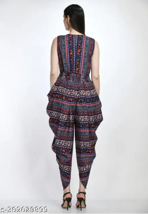 Printed crepe dhoti jumpsuit for Indian women, comfortable fit and sweat-absorbent armpits, Indian-made and color-bleeding resistant