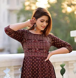 Rayon printed plus size Coffee Anarkali kurti, three-quarter sleeves, multiple sizes available