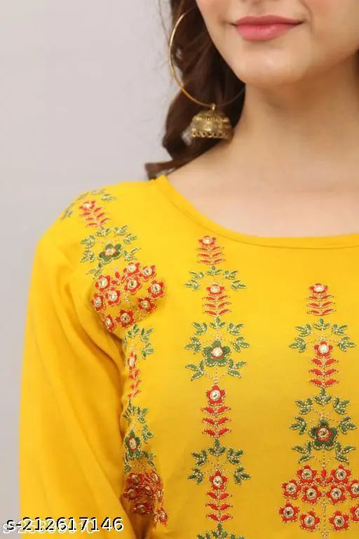 Mustard Rayon Anarkali Kurti, three-quarter sleeves, festival season special, easy wash, flared style, size M (38in bust), L (40in bust), XL (42in bust), ankle length 48 inch, Indian origin