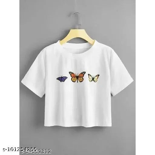 Casual cotton printed crop t-shirt, short sleeves, trendy & appealing, size S(34), M(36), L(38), XL(40). This Indian-made T-shirt adds unique charm to casual and party looks