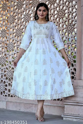 Rayon sequinned embroidered Anarkali kurti for women in white with gold print, ideal for parties from India