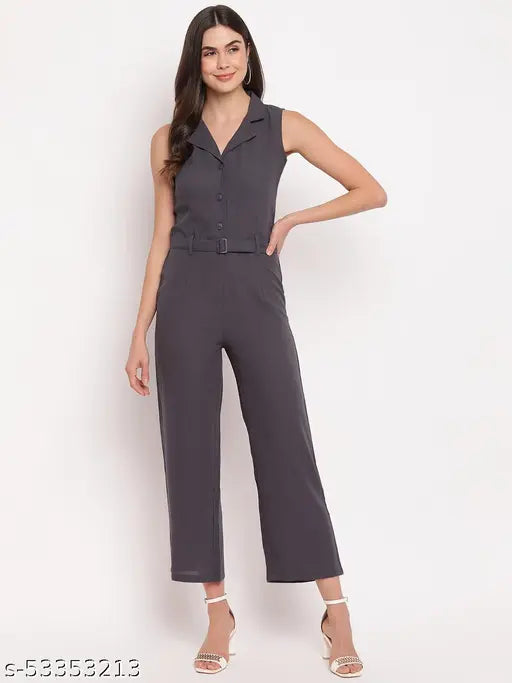 Grey polyester sleeveless Mayra partywear jumpsuit for women, solid net pattern, XS size (bust: 40in, length: 39in, waist: 30in), India-made