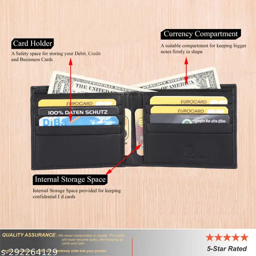 Black genuine leather RFID protected men's slim wallet, 2 compartments, classic design from WILDCOPE