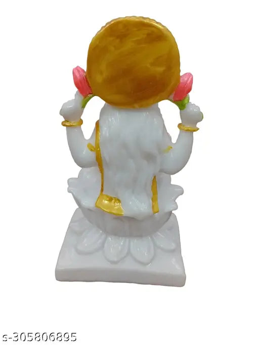 Marble White Lakshmi Devi Idol Statue, intricately detailed for home puja or temple decoration, 7" tall with aesthetic workmanship