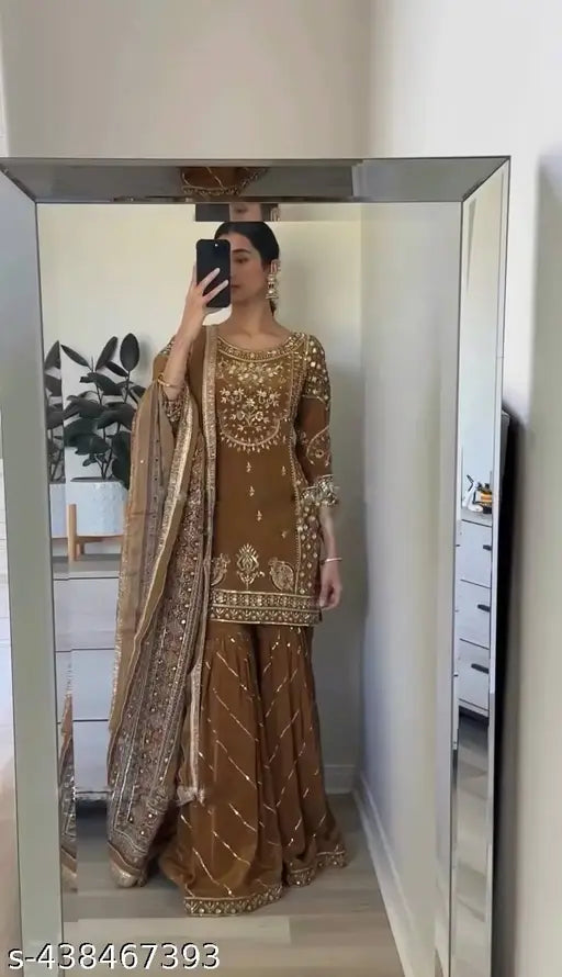 Chanderi cotton party wear TopPlazzo and dupatta with heavy embroidery, 3/4 sleeves, digital print and mirror work, India