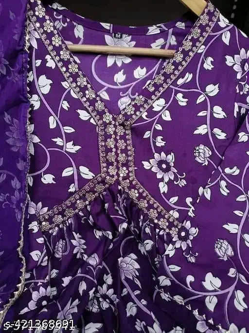 Trending printed embroidery purple Anarkali kurti for women, rayon three-quarter sleeves, new Aliya cut style
