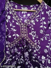 Trending printed embroidery purple Anarkali kurti for women, rayon three-quarter sleeves, new Aliya cut style