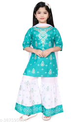 Printed cotton rayon kurta sharara set with dupatta for girls, three-quarter sleeves, ethnic wear for casual or office use, Indian handcrafted