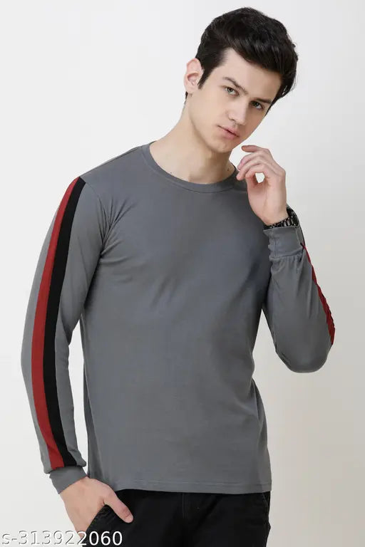 Solid grey cotton long sleeve men's round neck t-shirt, size S-XXXL originating from India