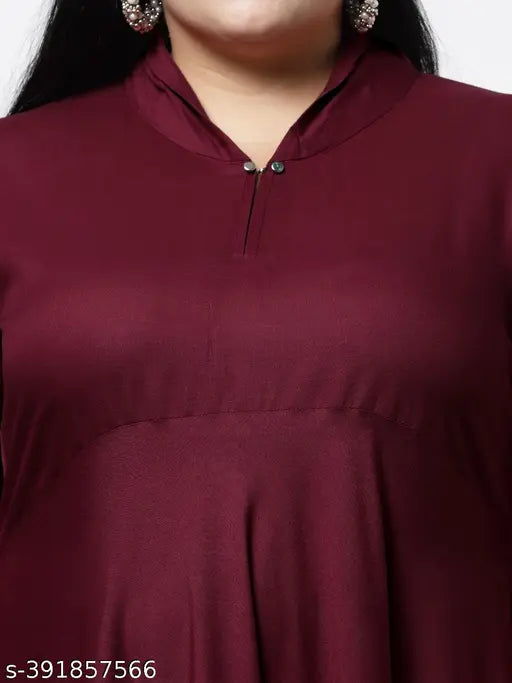 Maroon plus size rayon kurti with V-neck and three-quarter sleeves, ideal for Indian fashion
