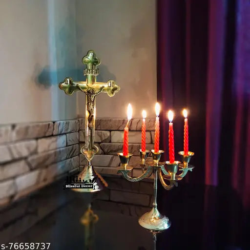Brass Traditional Christian Jesus Cross Statue with 5-arm candle holder, detailed design, 42cm height, perfect for worship or home decor