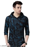 Green cotton men's printed hooded t-shirt with long sleeves, perfect for athletic activities like running and workouts