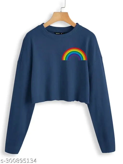 Rainbow print cotton crop t-shirt with long sleeves, vibrant colors on display