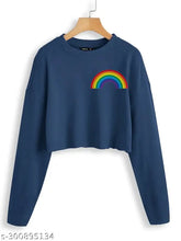 Rainbow print cotton crop t-shirt with long sleeves, vibrant colors on display