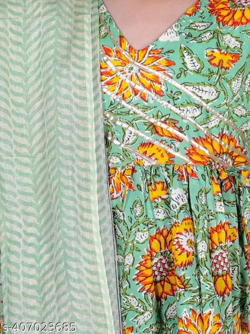 Green cotton floral print Anarkali/Flared Kurta Sharara Dupatta set for girls, soft and comfortable clothing with 90% cotton and 10% polyester. Available in various sizes from 18 months to 9-10 years, originating from India