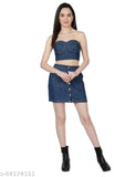 Blue cotton denim bluster top, sleeveless, solid pattern, India-made