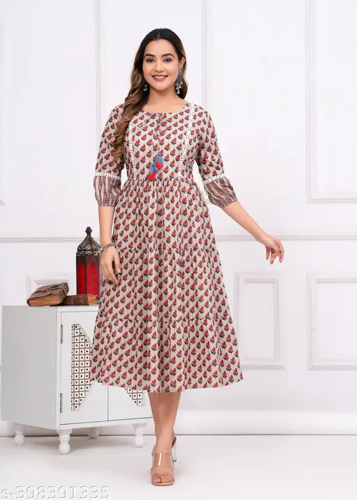 Beige printed cotton Anarkali kurta with three-quarter sleeves, Indian designer outfit for women and girls