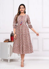 Beige printed cotton Anarkali kurta with three-quarter sleeves, Indian designer outfit for women and girls