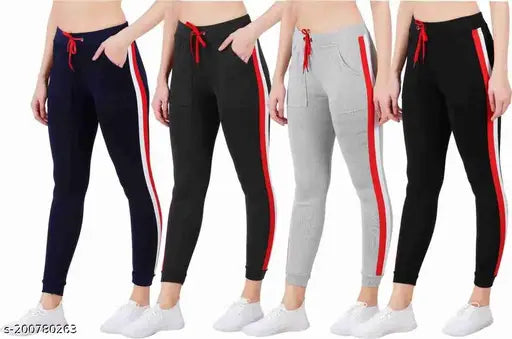 Striped cotton blend pocket joggers for women and girls, pack of 4 - versatile, stretchable, and comfortable for sports and yoga. Available in various colors, sizes range from 26 to 32 inches. Made in India