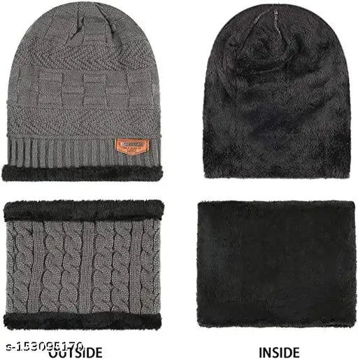 Grey woolen cap set of 2 (balaclava with muffler/neckwarmer) - ideal for cold weather indoor & outdoor use, handcrafted in India